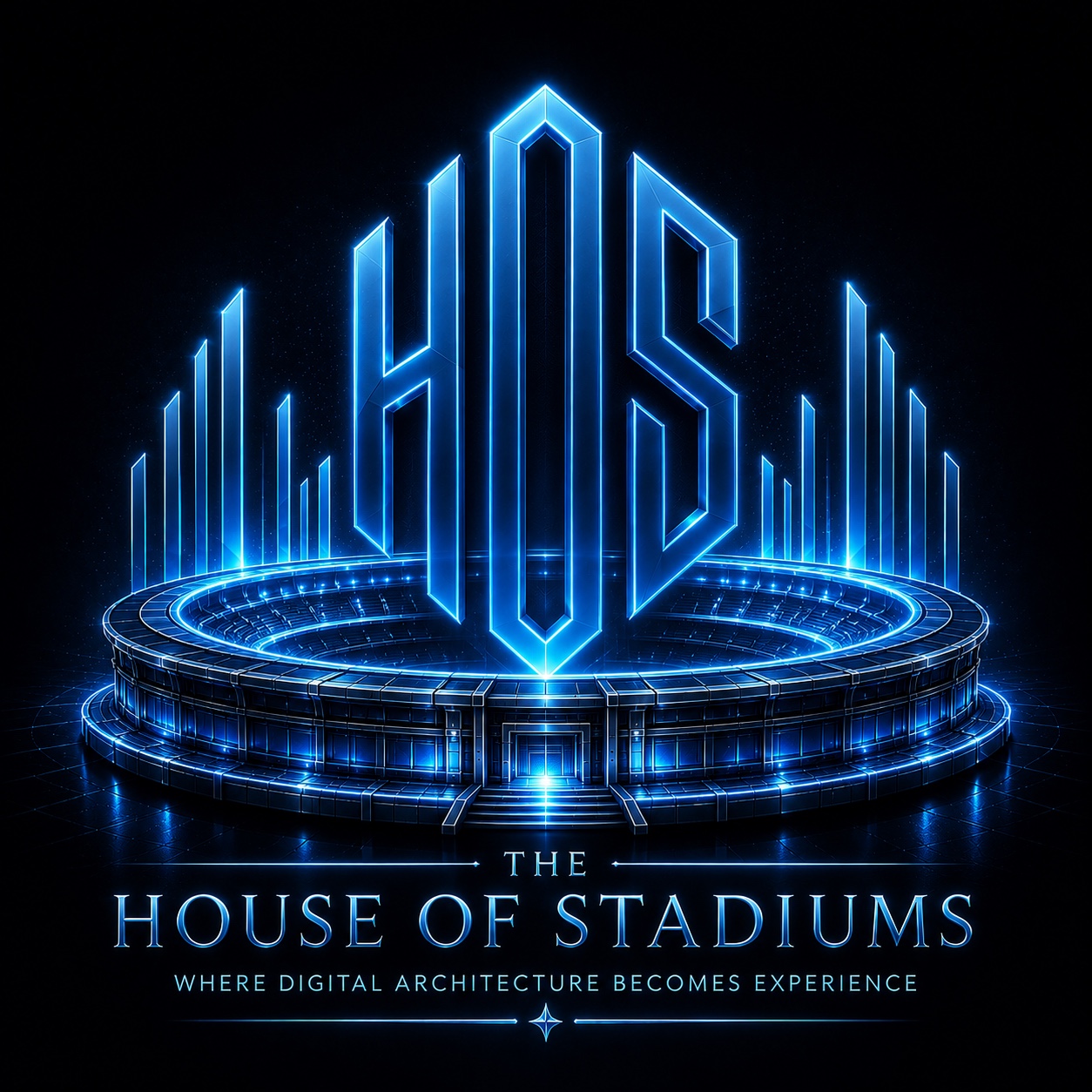 The House of Stadiums neon-blue logo