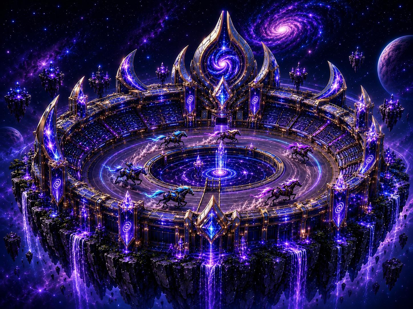 A dark blue Andromeda stadium beneath a luminous galaxy